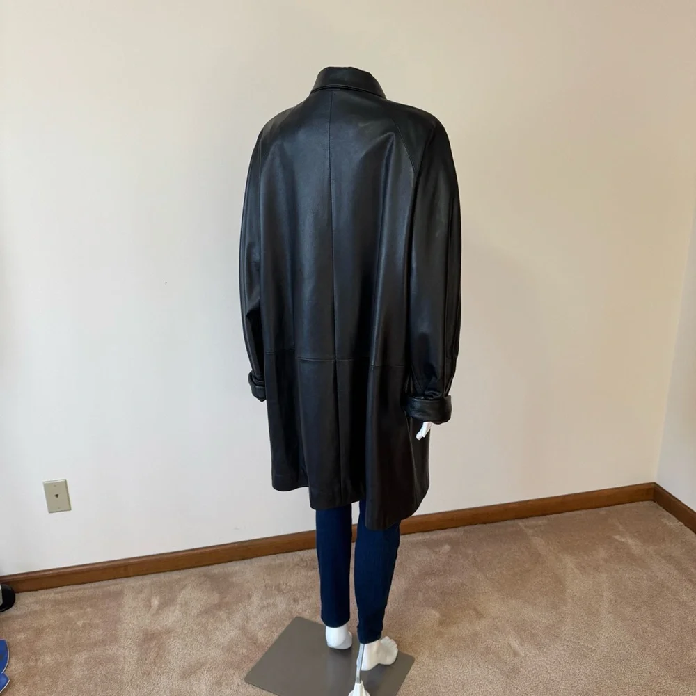 80s Vintage REMY LEATHER Black Trench Duster Futuristic Goth Coat XL